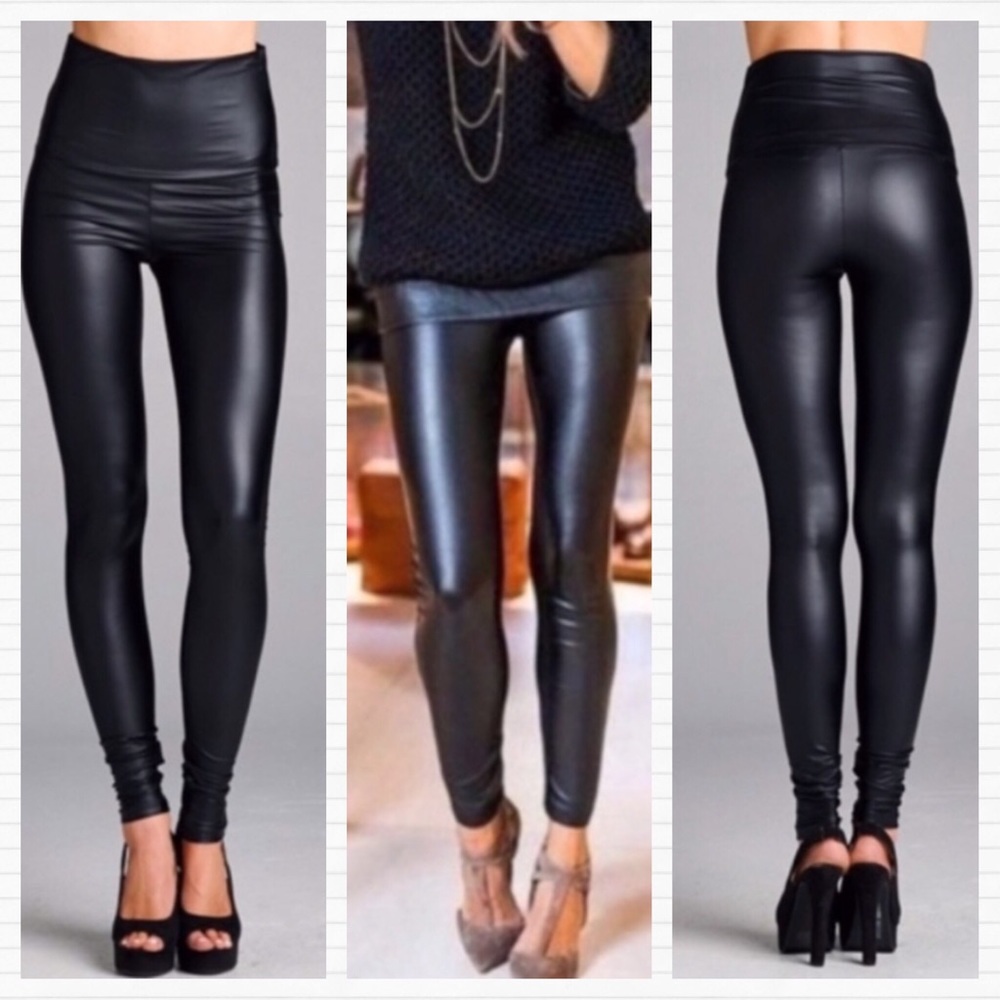 SMALL Black Faux Leather High Waisted Leggings - Picture 4 of 10